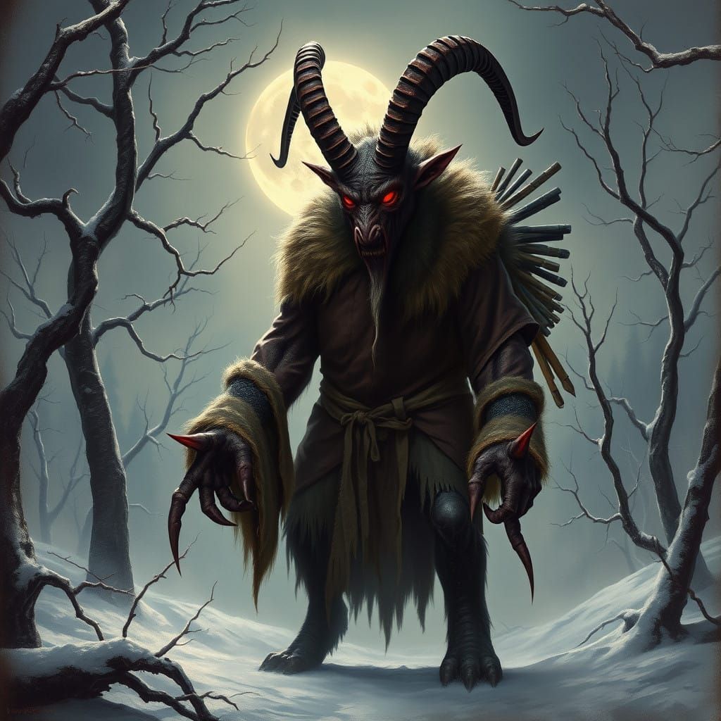 Fearsome Krampus in Dark Alpine Landscape
