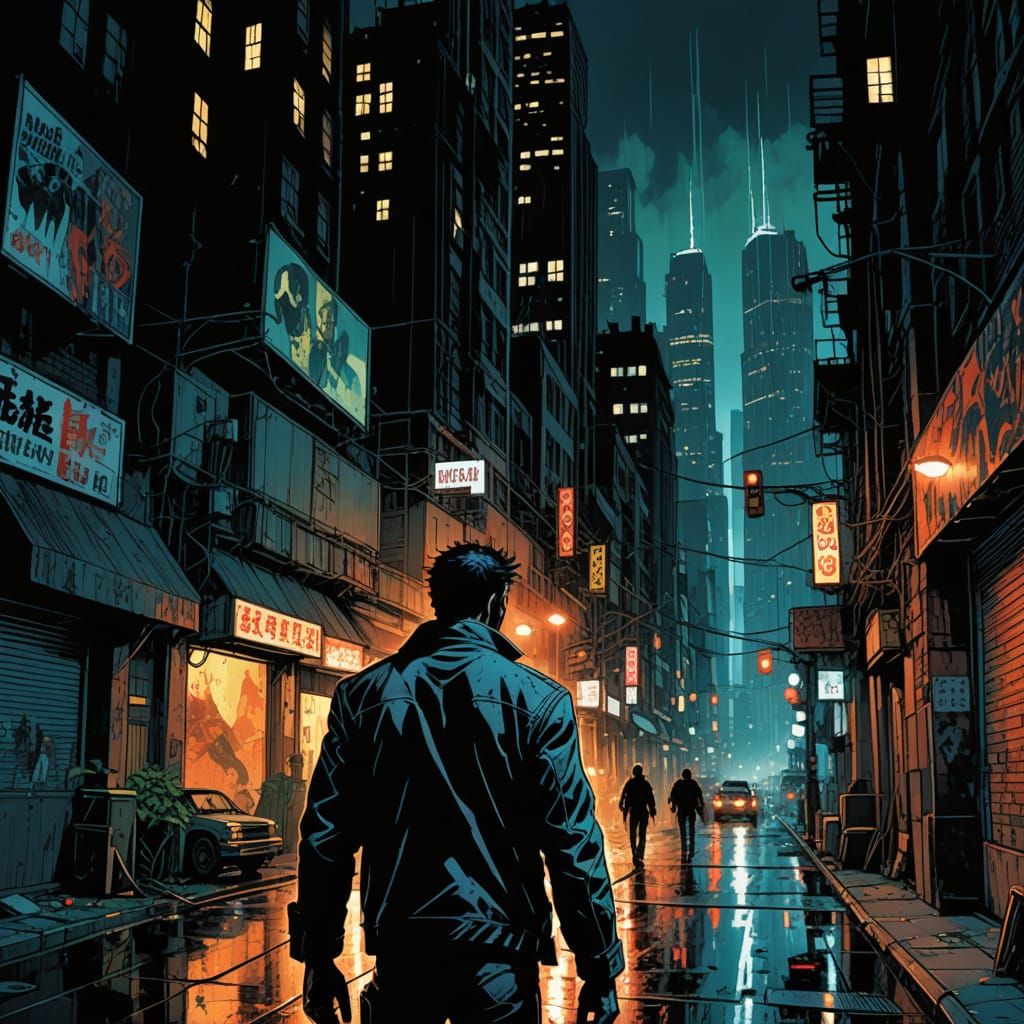 Dramatic Urban Battle Scene in Neal Adams' Style