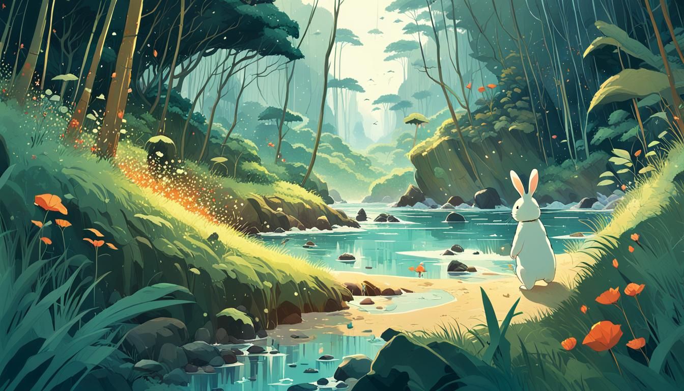 Fluffy Bunny in Hawaiian Lowlands: Digital Art