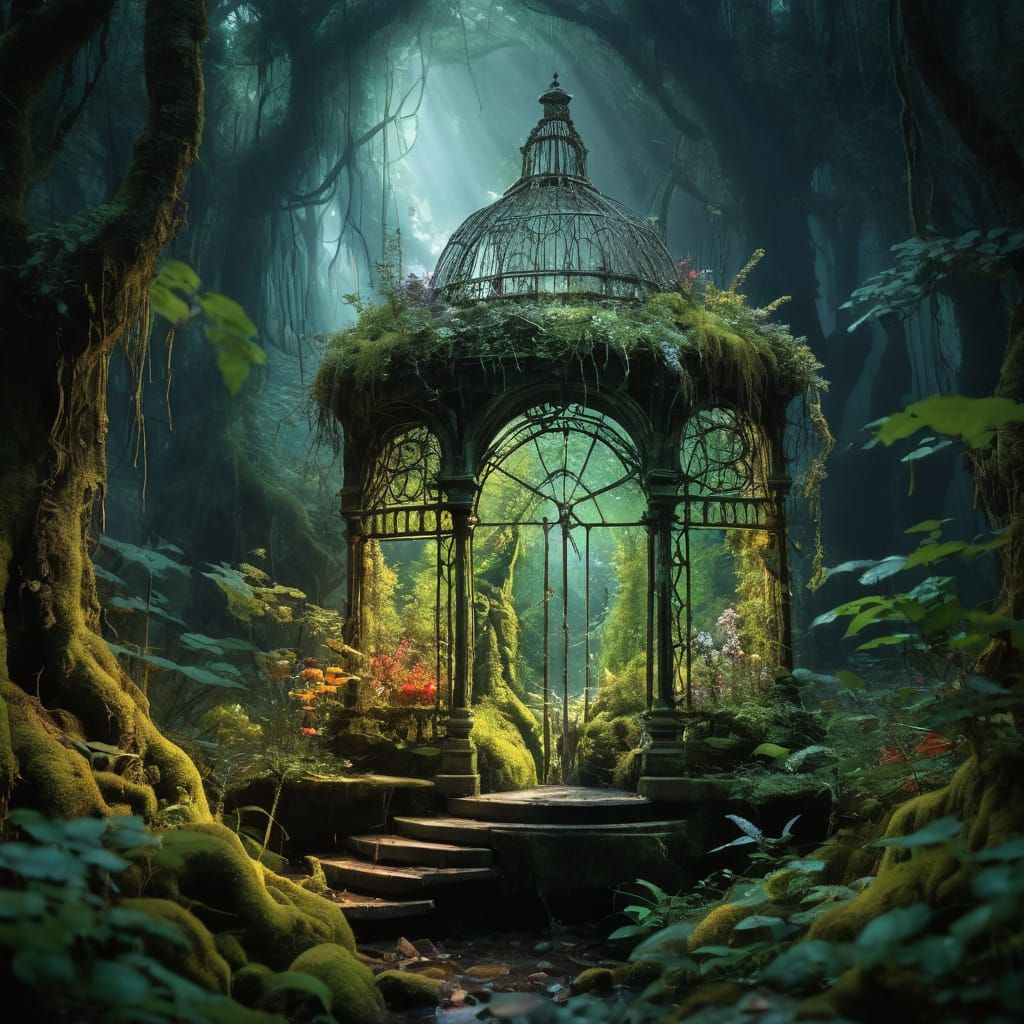 Miniature Forest Hidden in Birdcage, Surreal Art