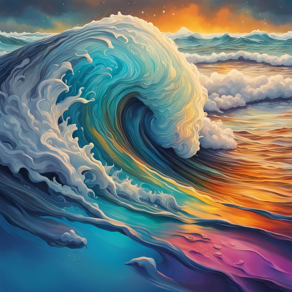 Surreal Ocean Waves Reflected in Mirror, Hyperrealistic