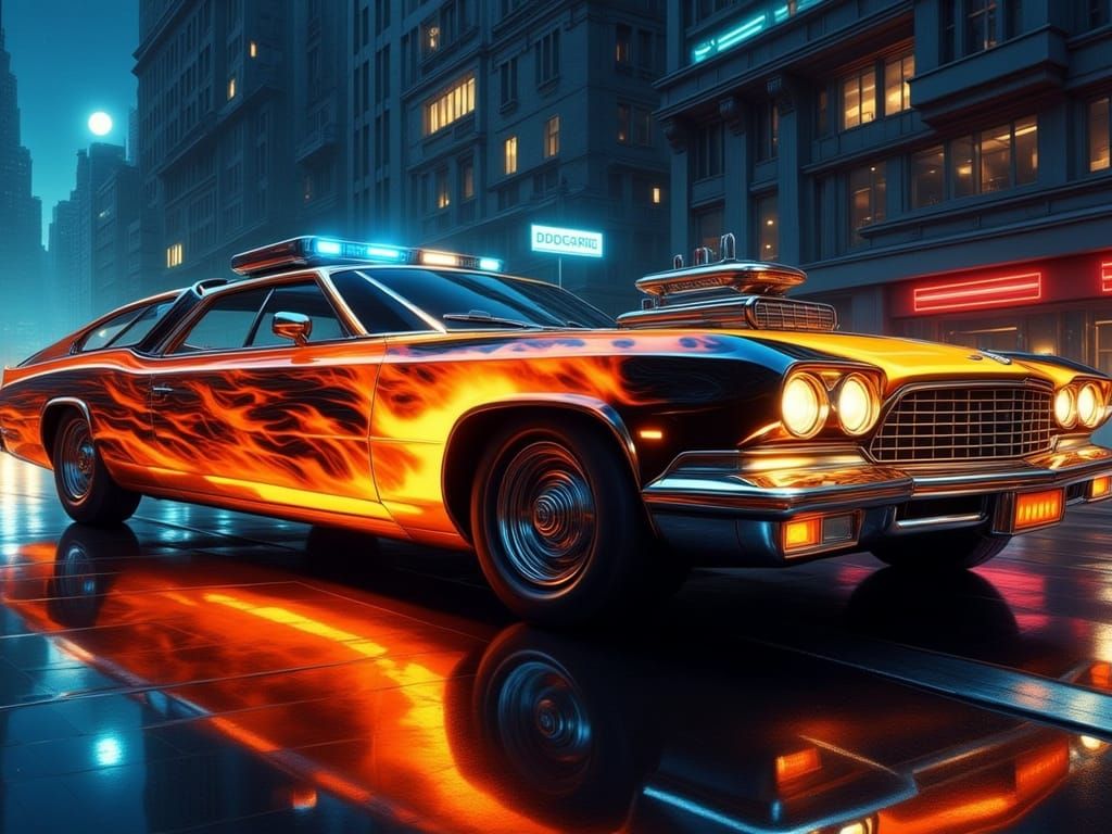 Flaming Hot Rod Street Race in Polaroid Style