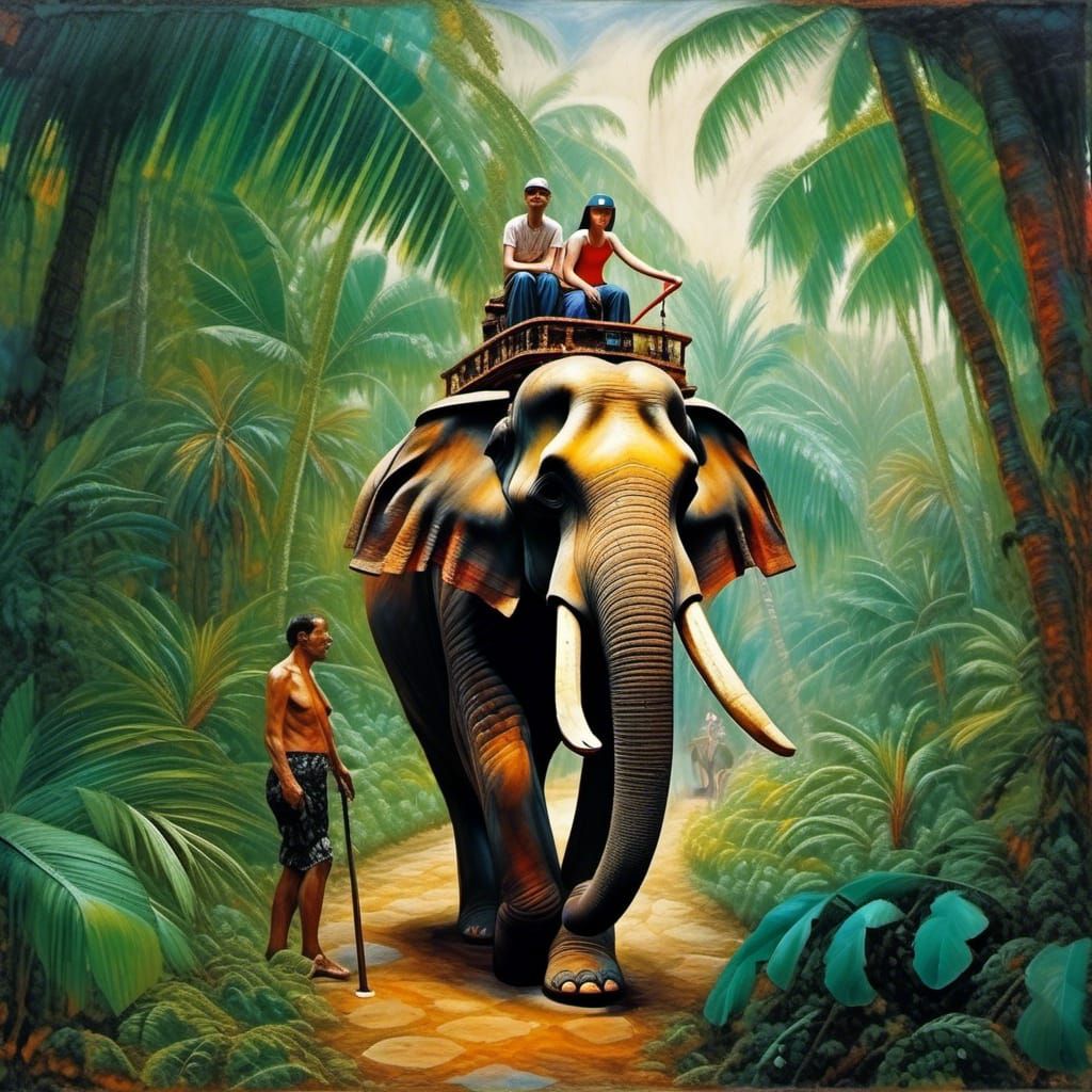 Cyberpunk Elephant Ride Through Tropical Village