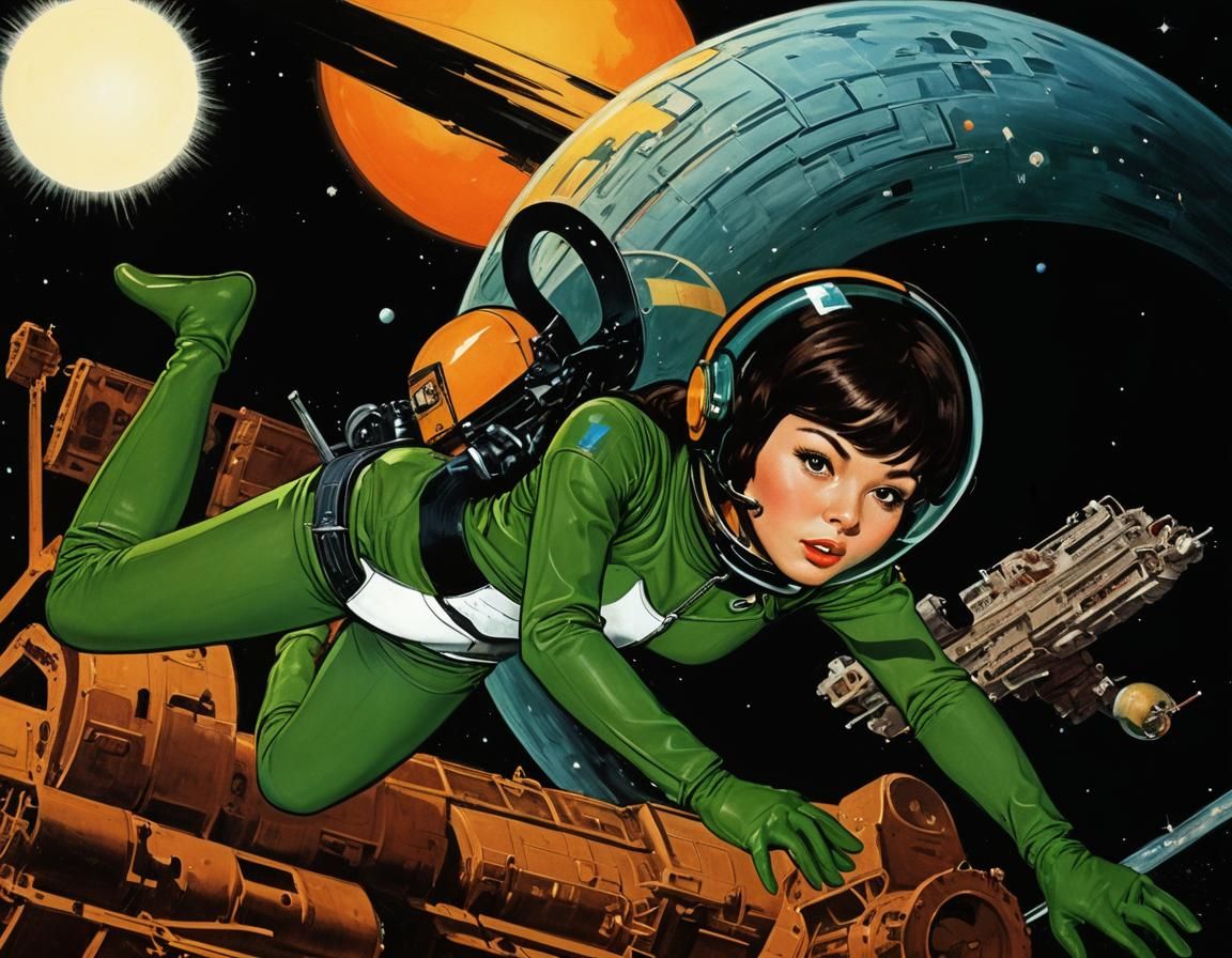 1960s Eurasian Woman in Space with Green Latex Catsuit