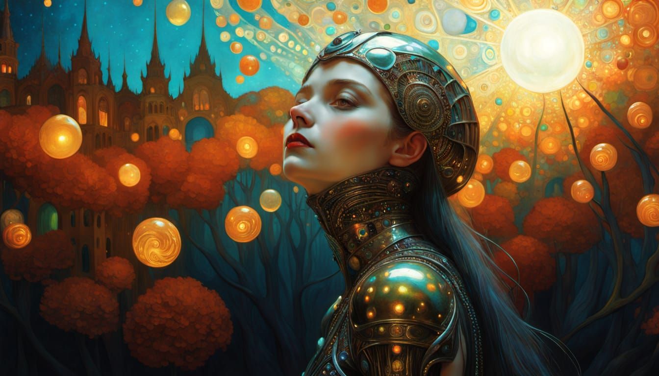 Bio-Luminescent Woman in Elaborate Armour with Fractal Wings