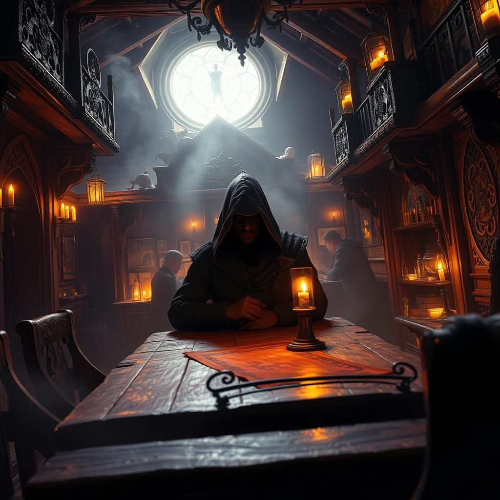 Mysterious Hooded Figure in Dark Fantasy Tavern