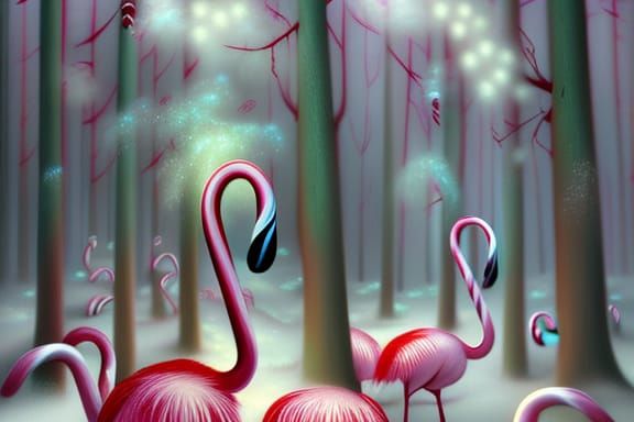 Candy Cane Flamingos in Surreal Winter Forest