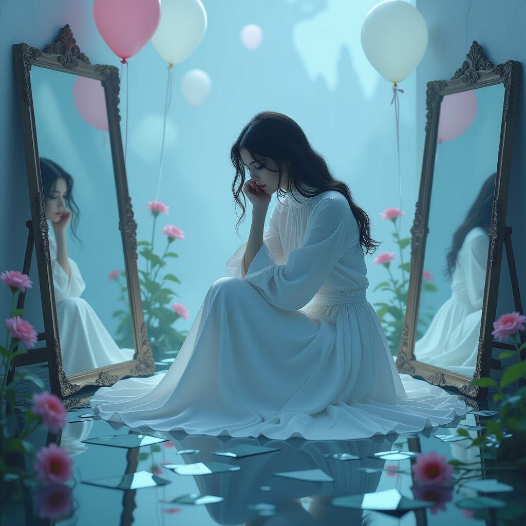 Contemplative Woman in Dreamlike Scene with Fractured Mirror...
