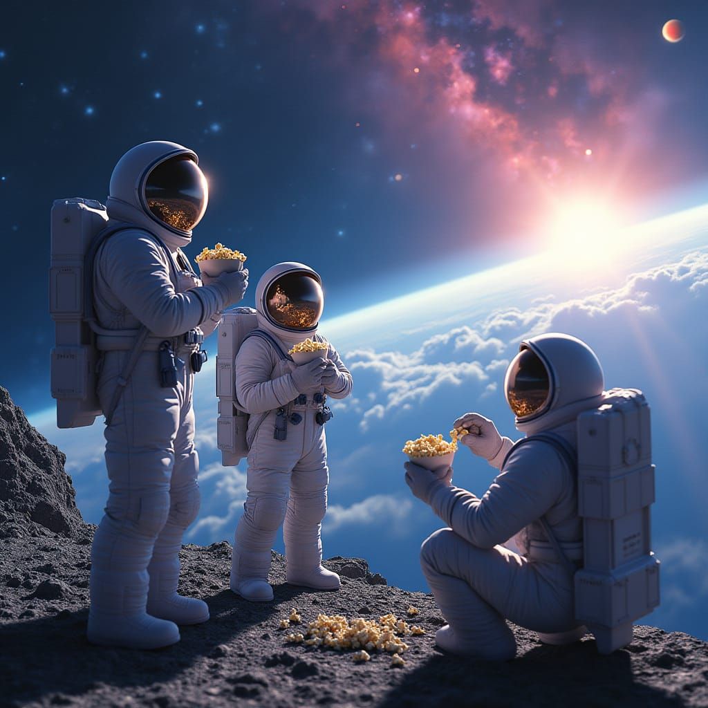 Astronauts Eat Popcorn Admiring Solar System in Digital Matt...