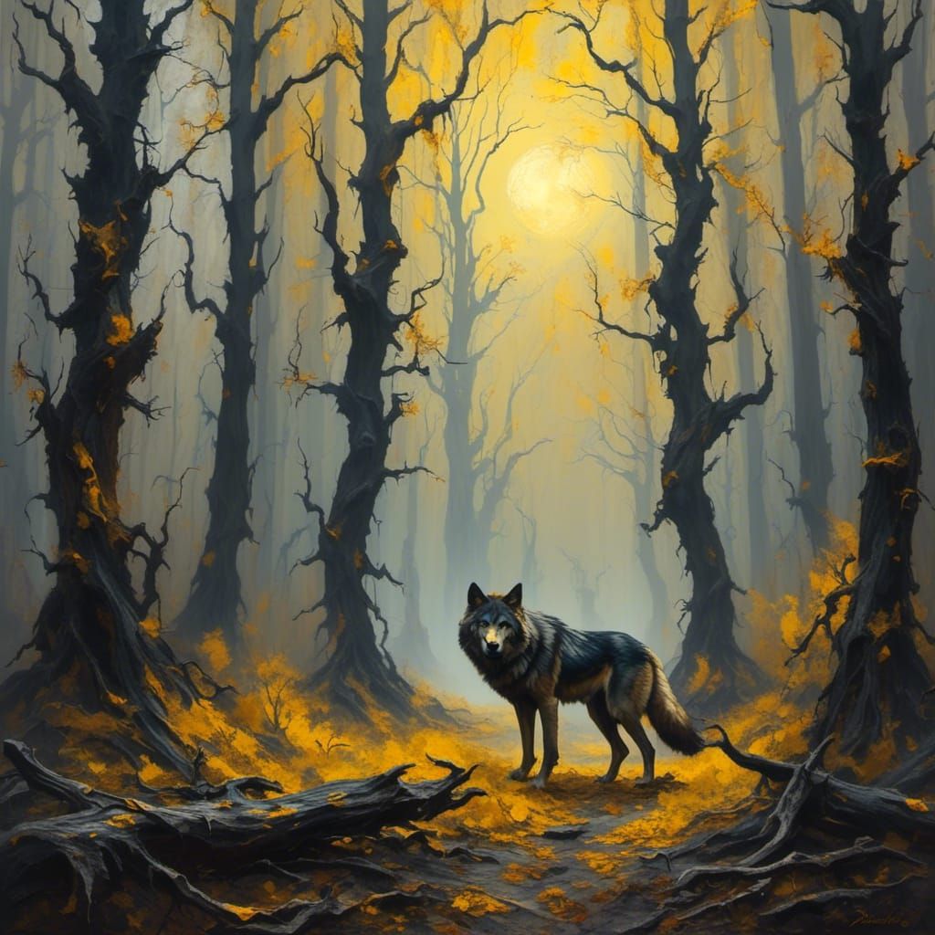 Eerie Wildlife: Lone Wolf in Misty Forest