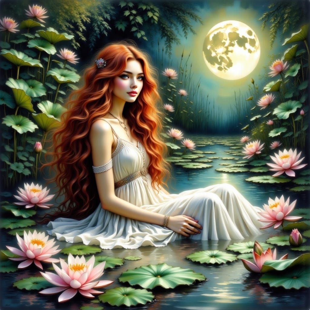 Enchanting Red-Haired Woman in Pond, Watercolor Style