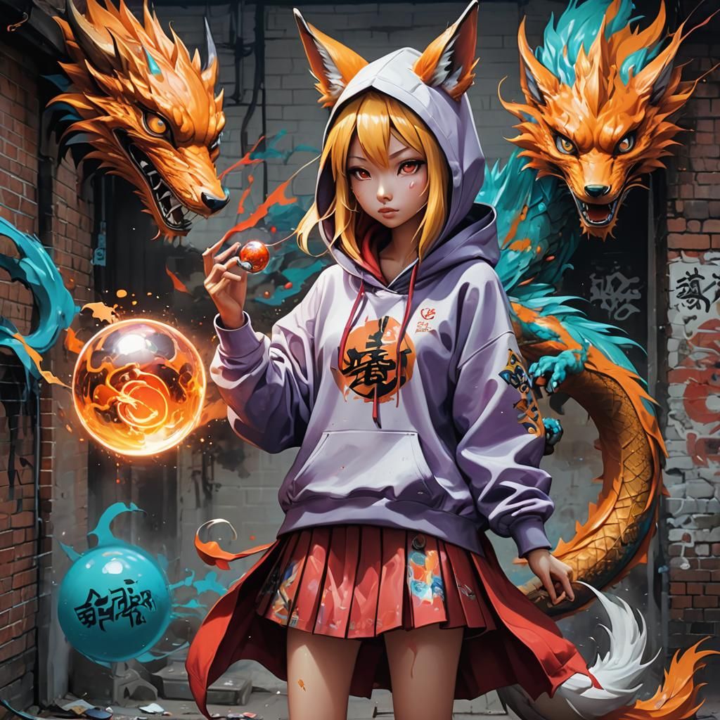 Kitsune Commands Dragon in Graffiti Splash Art