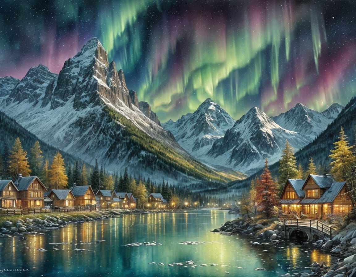 Majestic Aurora Borealis Over Mountain Peaks