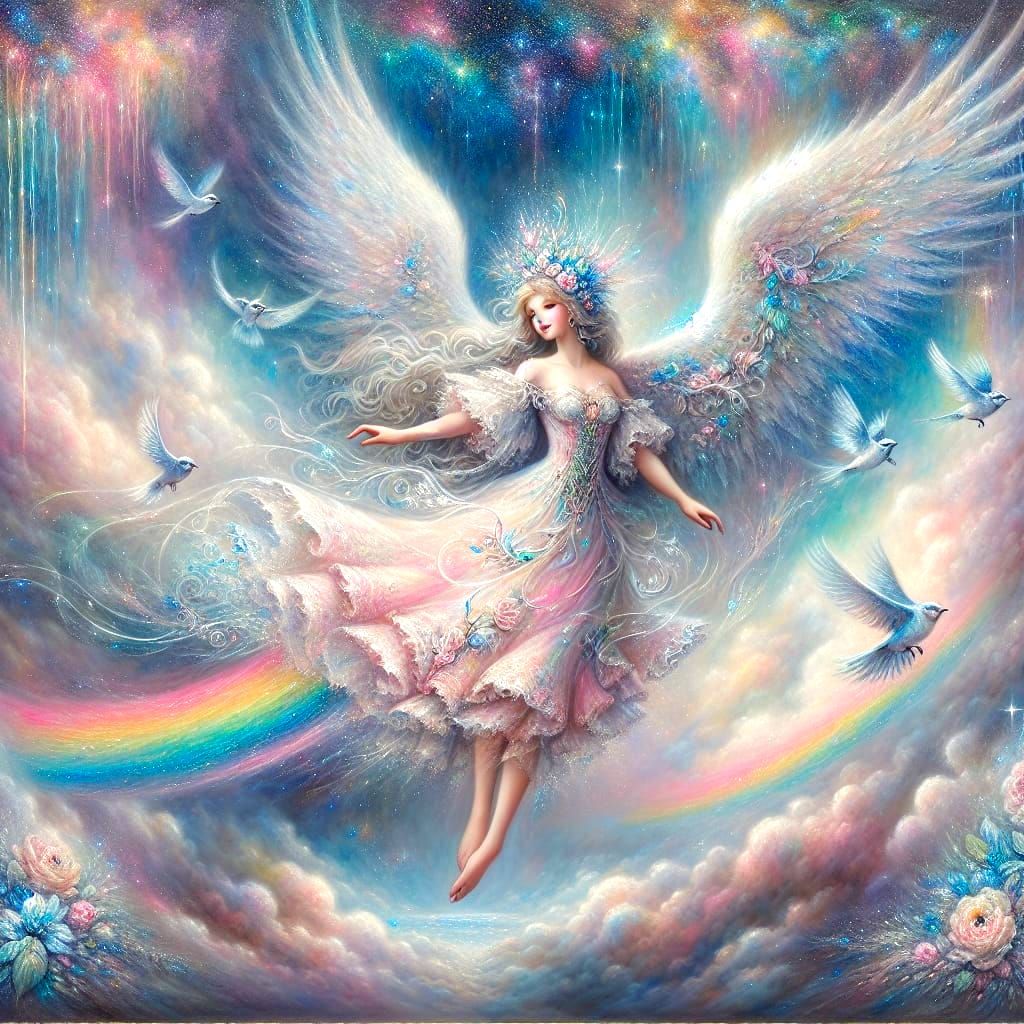 Ethereal Angel Sails Above Rainbows in Celestial Dreamscape