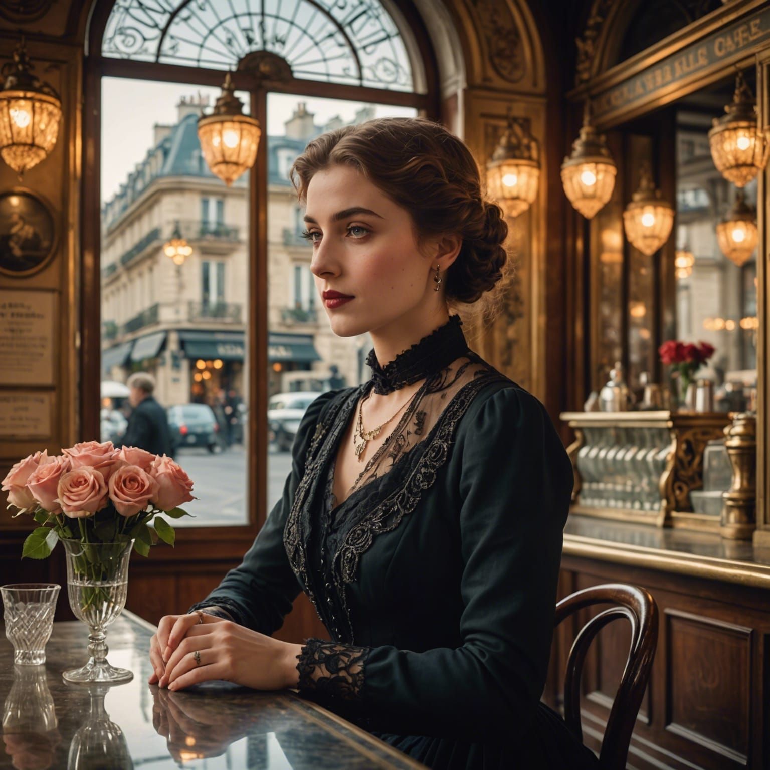 Belle Époque Lady in Parisian Cafe at Sunrise