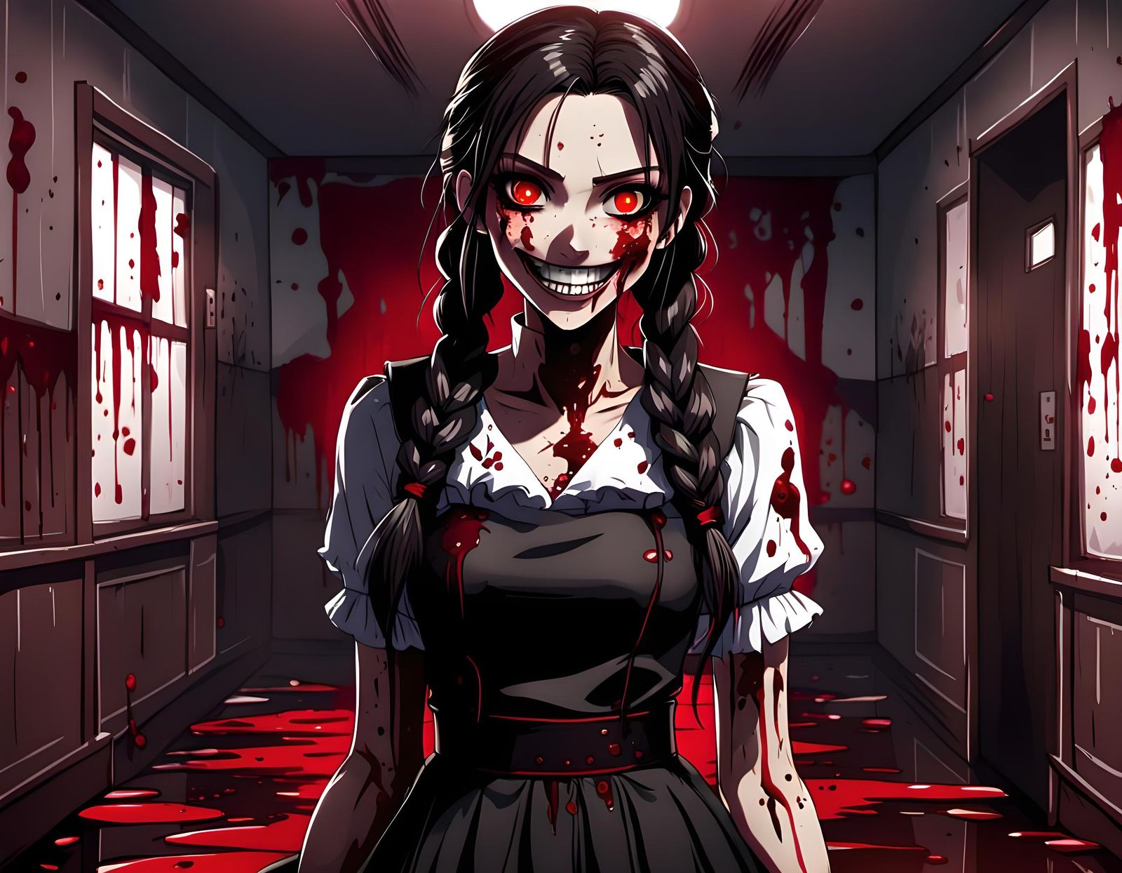 Animated Horror Girl with Red Eyes Illustration