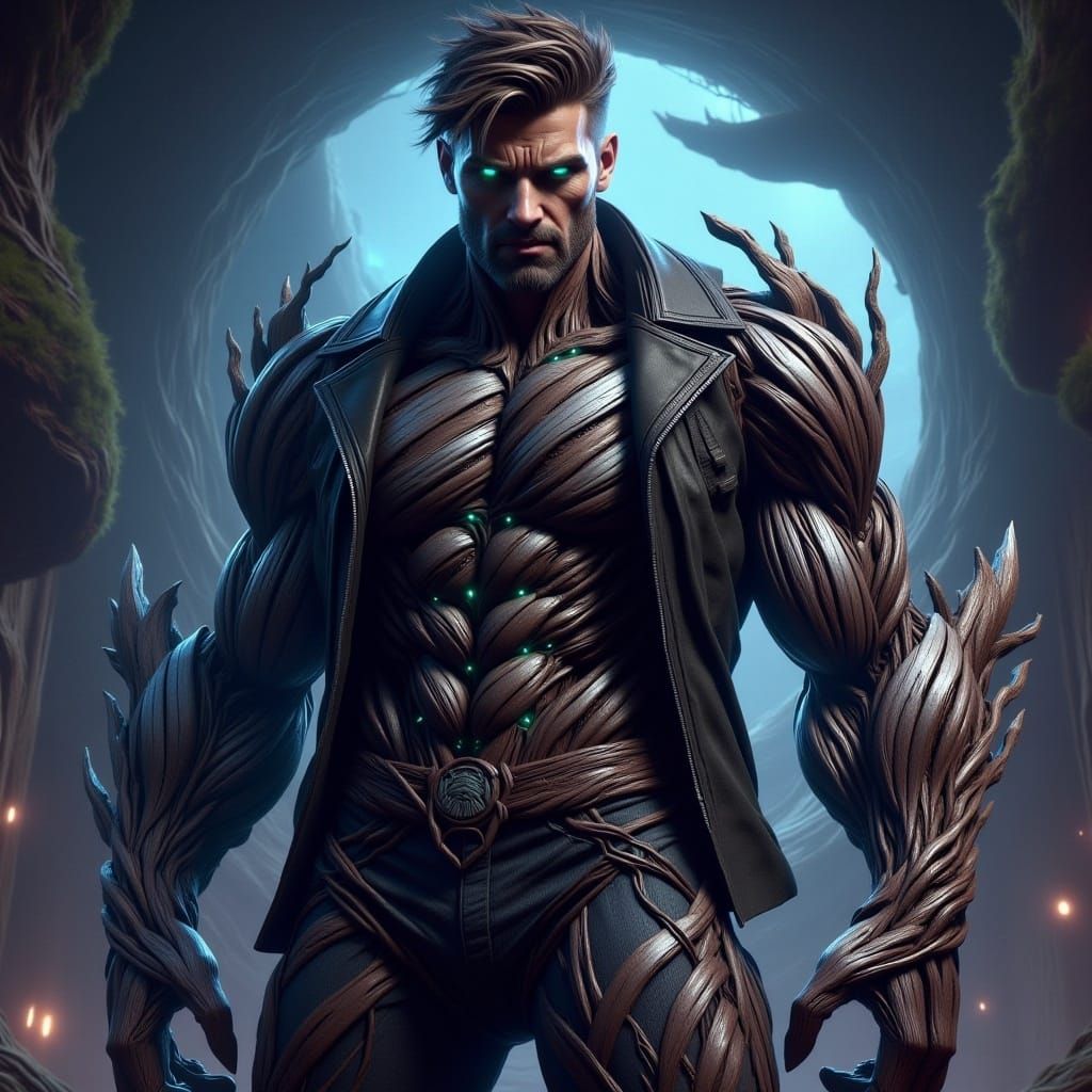 Handsome Cyborg in Dystopian Cityscape, as Digital Art