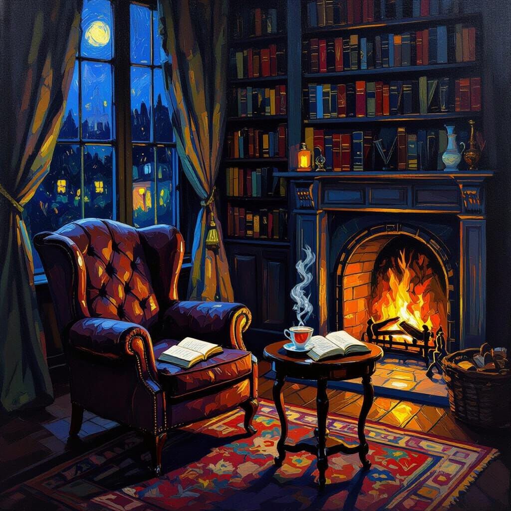 Cozy Victorian Study in Neo-Impressionist Style