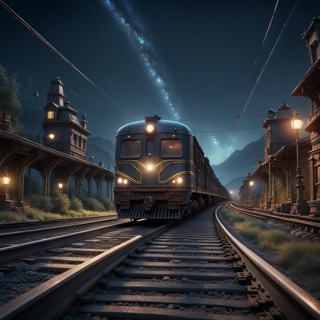 Night Train Under Starry Sky: Fantasy Concept Art