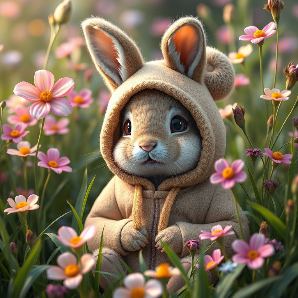 Baby Bunny in Bear Hoodie, Whimsical Forest Art