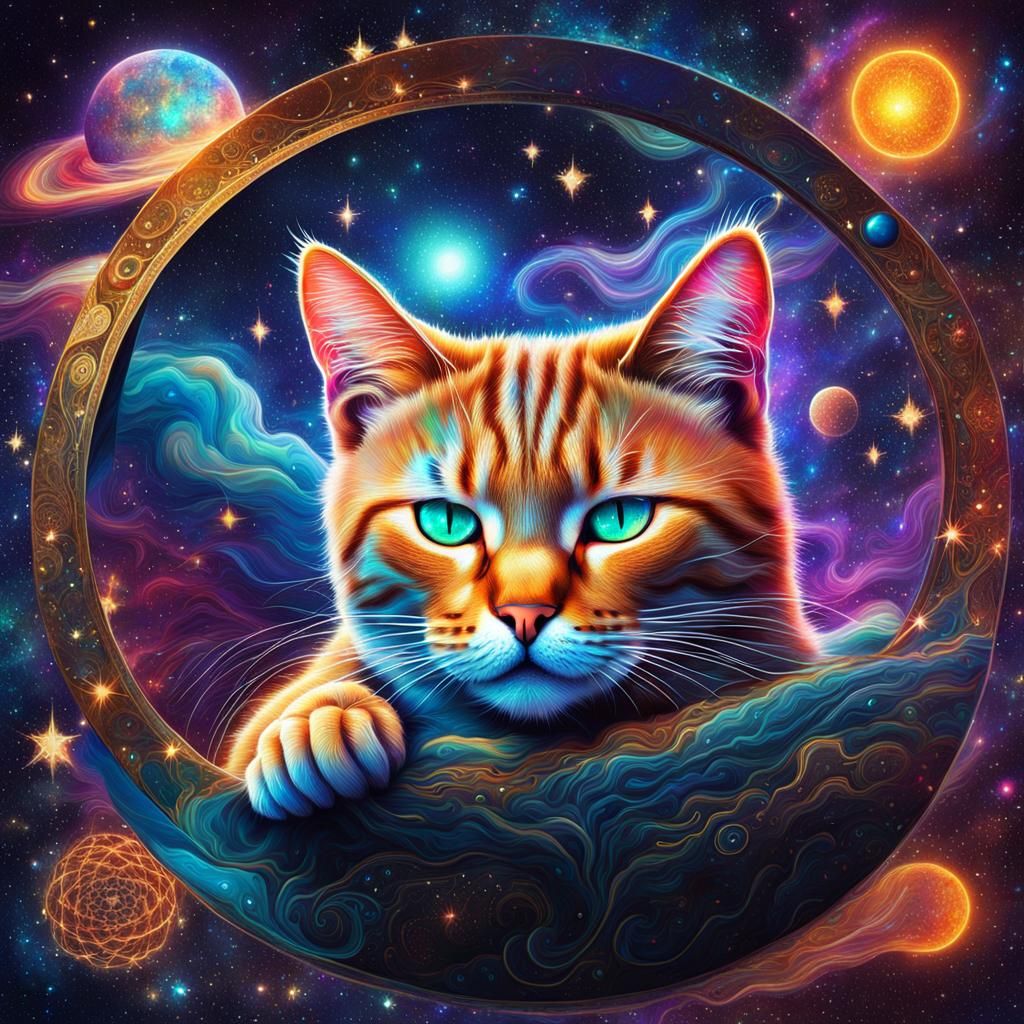 Cosmic Cat Nap: Holographic Astral Illustration