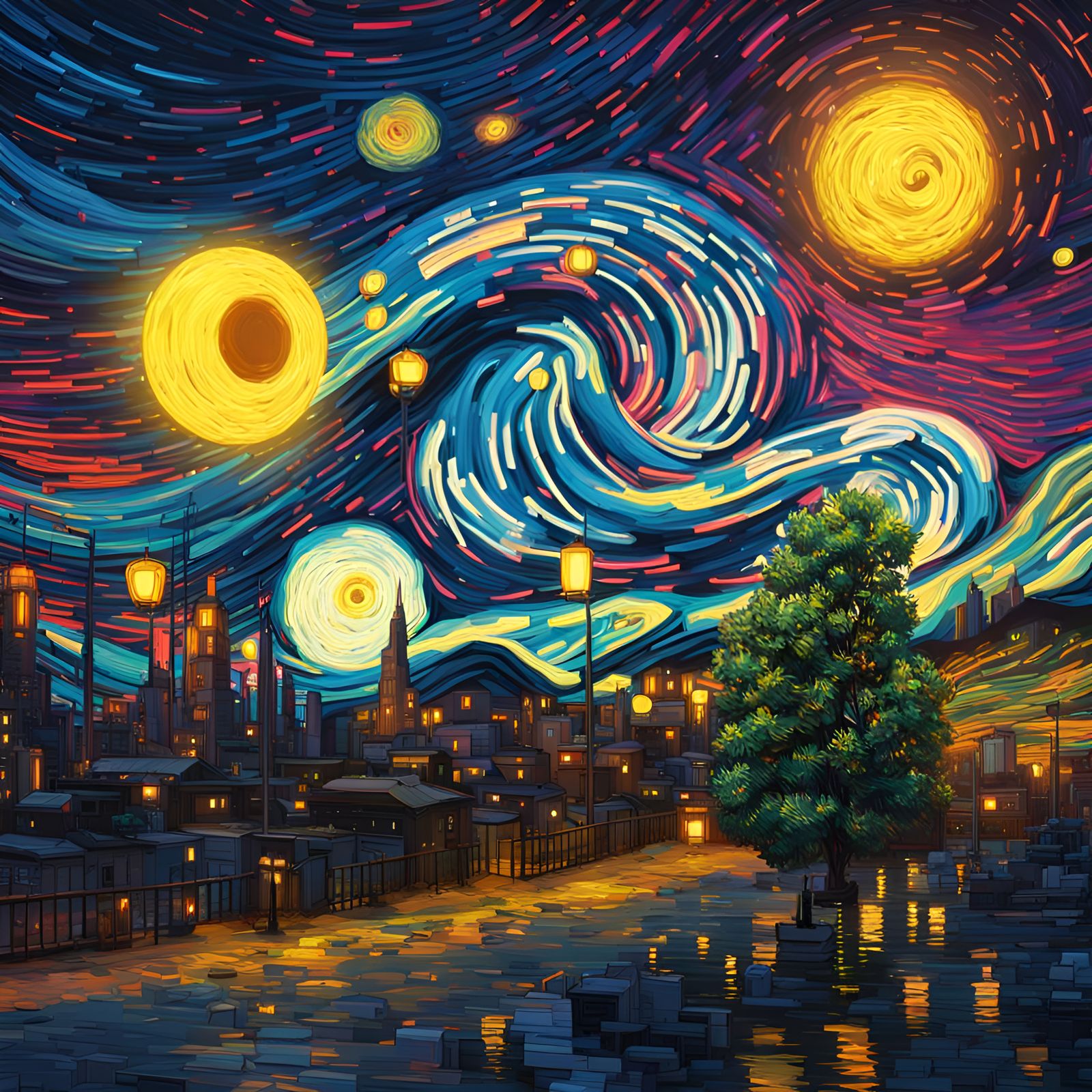 Cyberpunk Starry Night: 3D Neon Interpretation