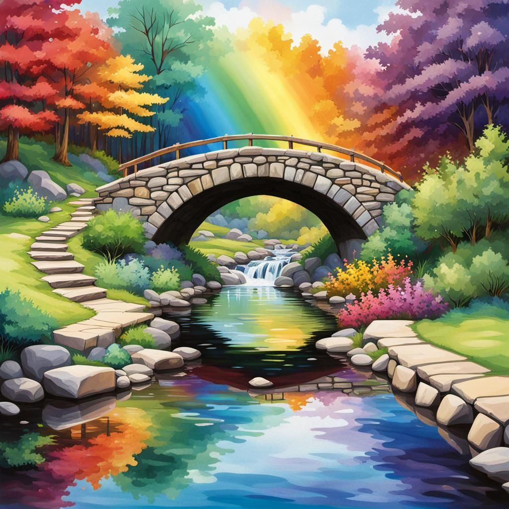 Rainbow Bridge Over Stream with Translucent Dog