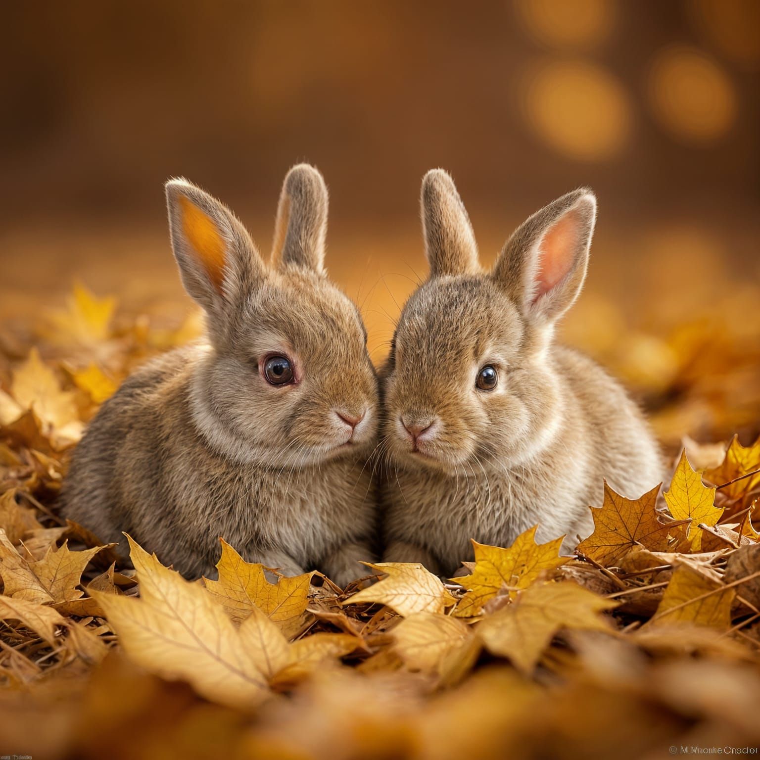 Adorable Baby Bunnies in Autumn Leaves, Studio Lighting
