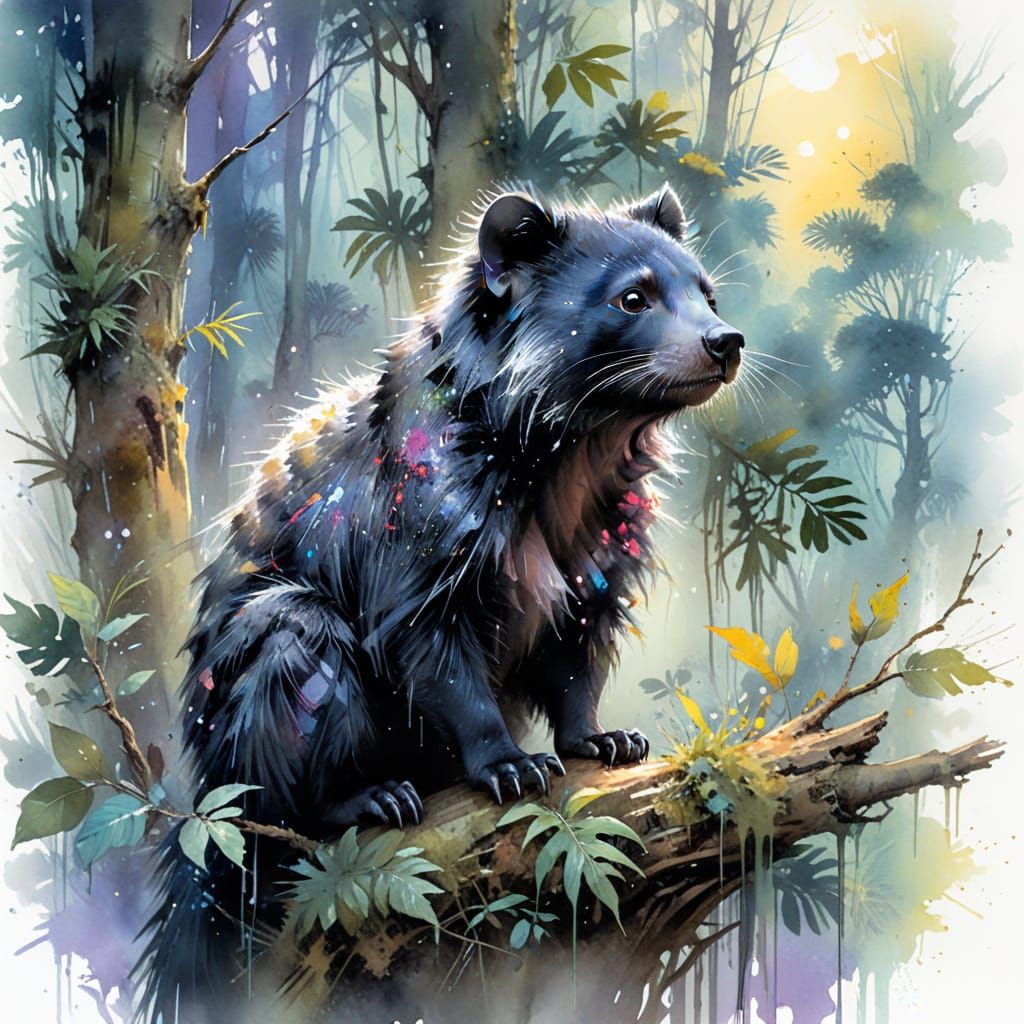 Fantasy Binturong in Watercolour Rainforest Twilight