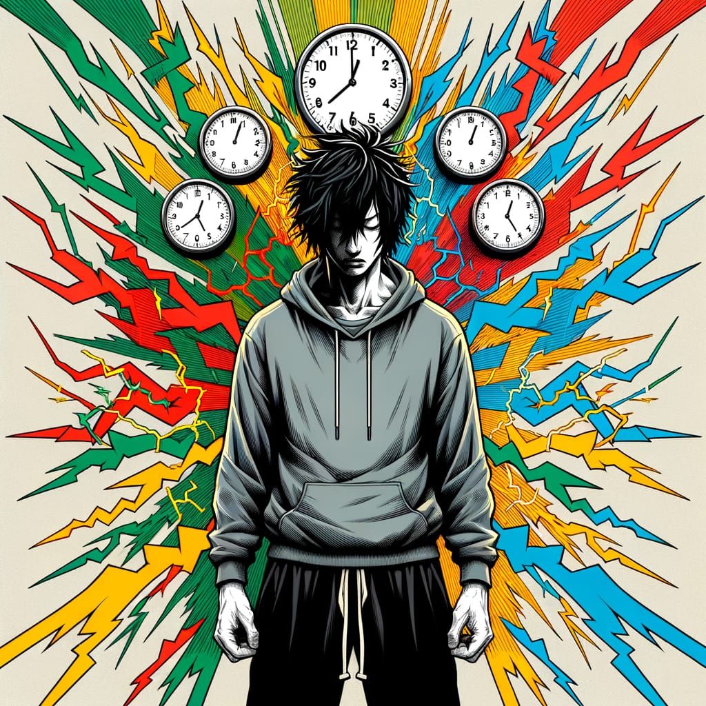 Stylized Japanese Hero with Timekeeping Halo in Vibrant Colo...