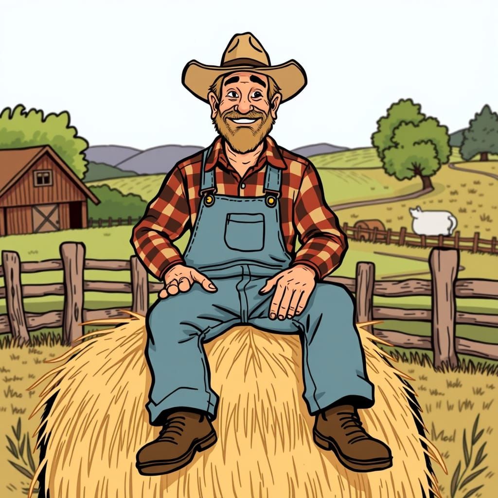 Folksy Farmer at Rustic Farm in Comic Art Style