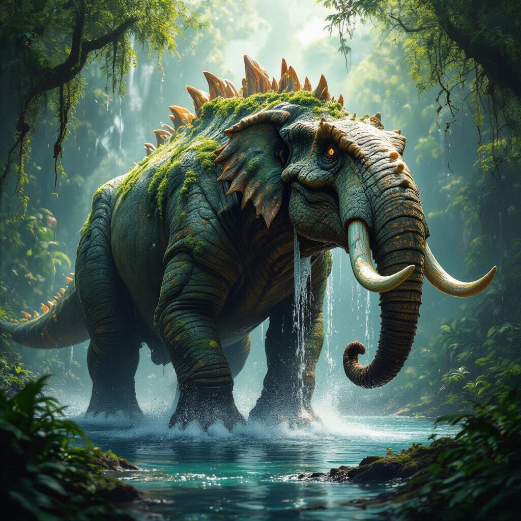 Majestic Water Dinosaur Elephant in Ancient Jungle