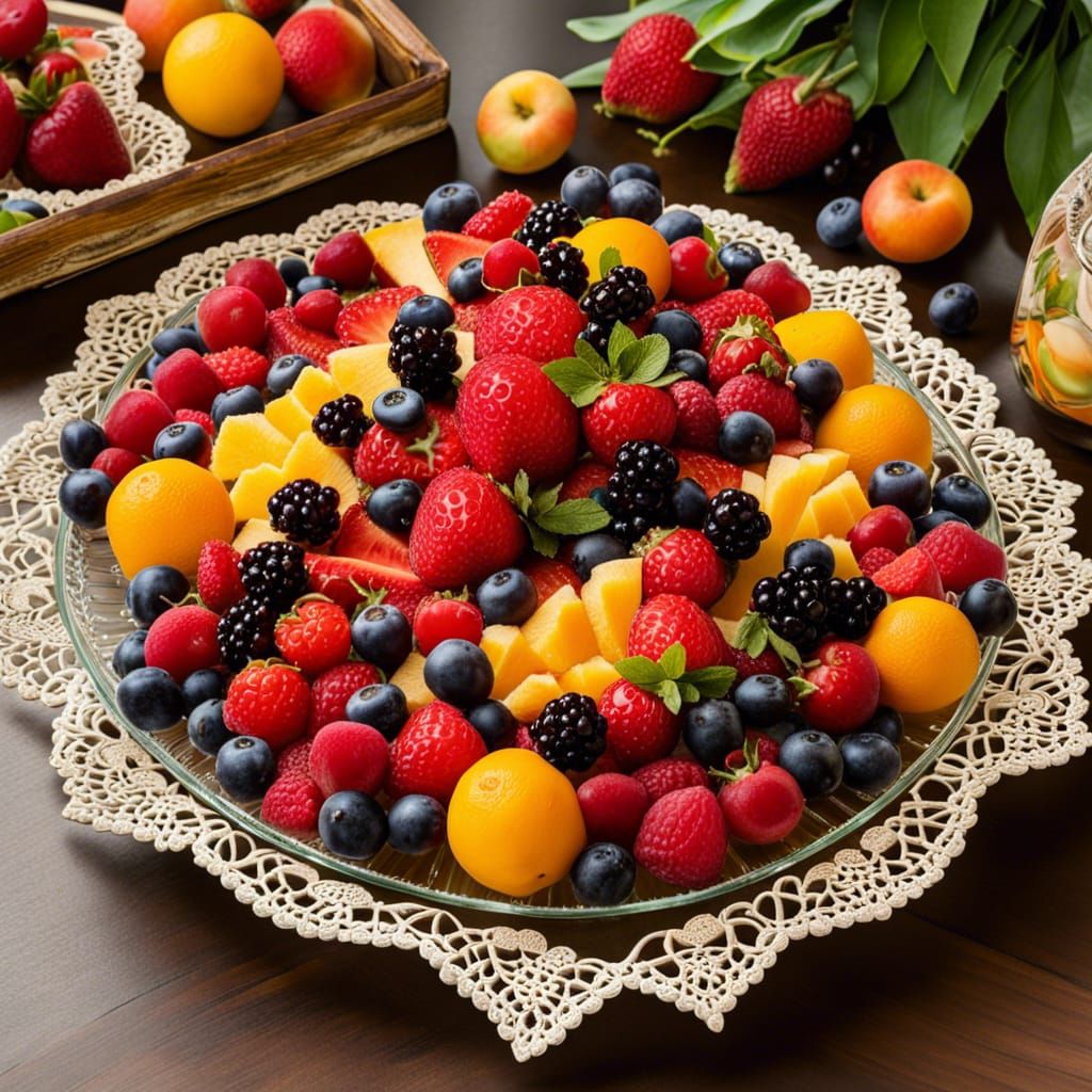 Lush Fruit Tray with Flowers Still Life