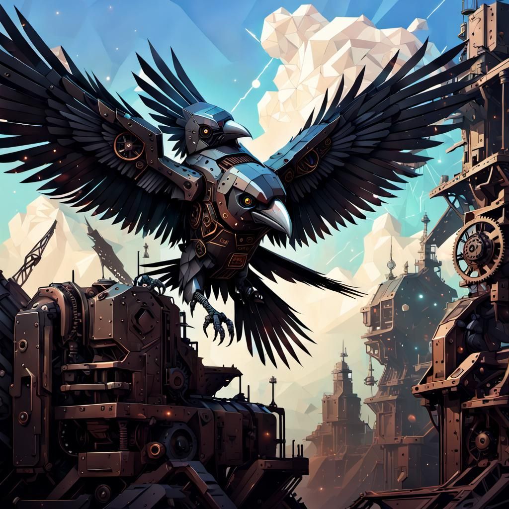 Mechanical Raven Robot in Galaxy Steampunk Vector Art