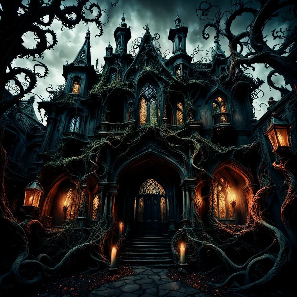 Dark Gothic Mansion with Eerie Shadows