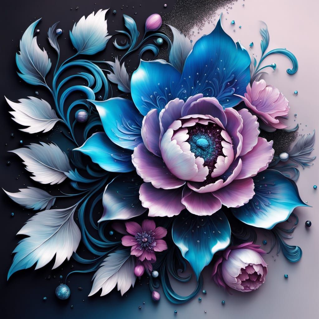 Iridescent Peony with Neon Swirls and Filigree