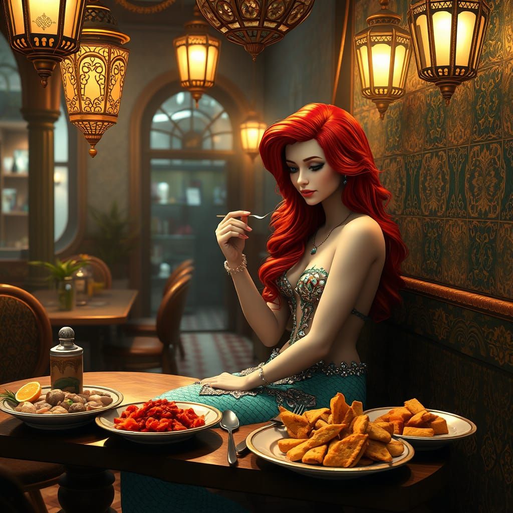 Red-Haired Mermaid in Whimsical Cairo Café