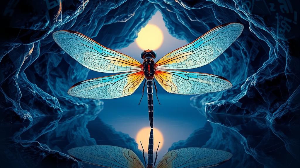 Iridescent Dragonfly in Crystal Cave with Mirrored Symmetry