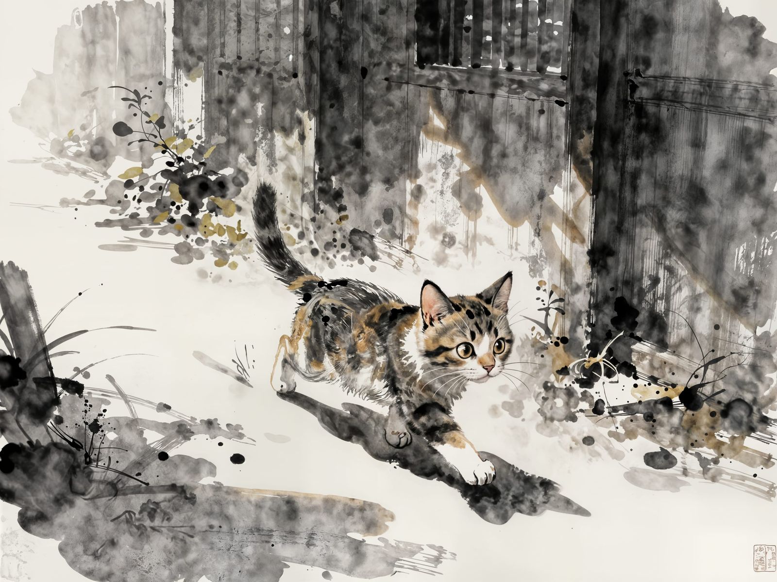 Kitten Chasing Shadows in Ink Wash Style