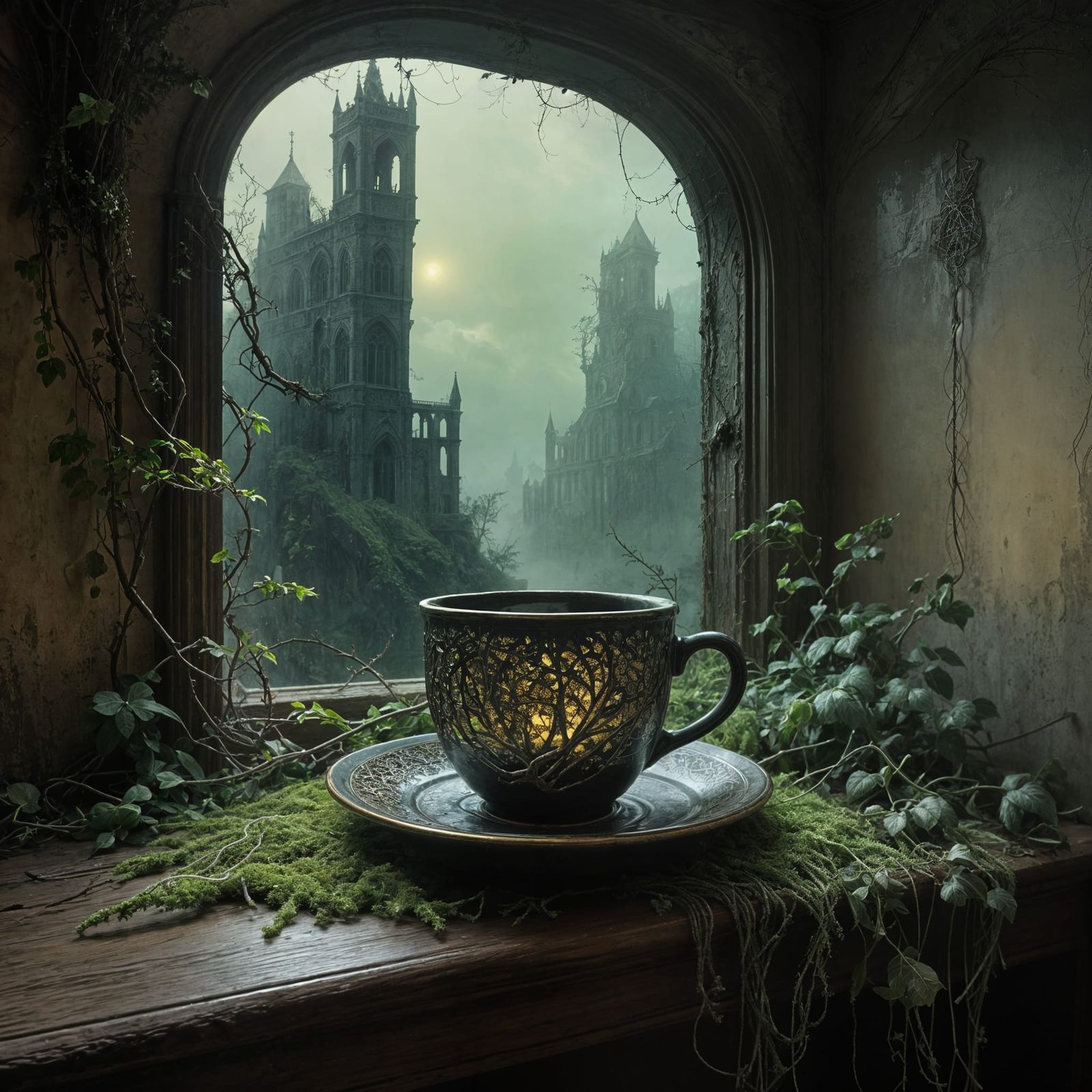 Mysterious Vintage Coffee Cup in a Haunting, Eerie Landscape