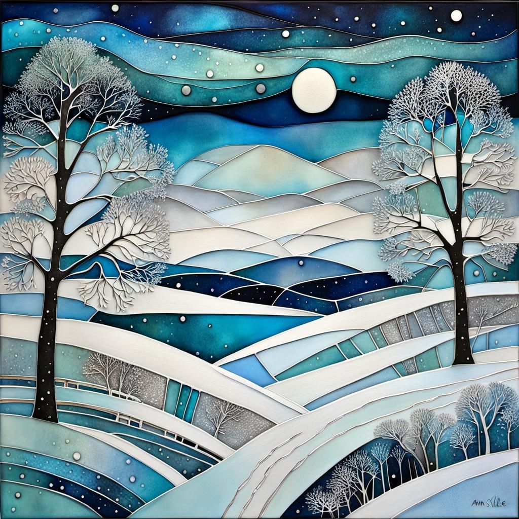 Ethereal Winter Scene in Whimsical Art Style