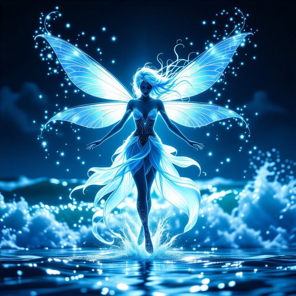 Luminous Water Fairy Dancing in Ocean Waves