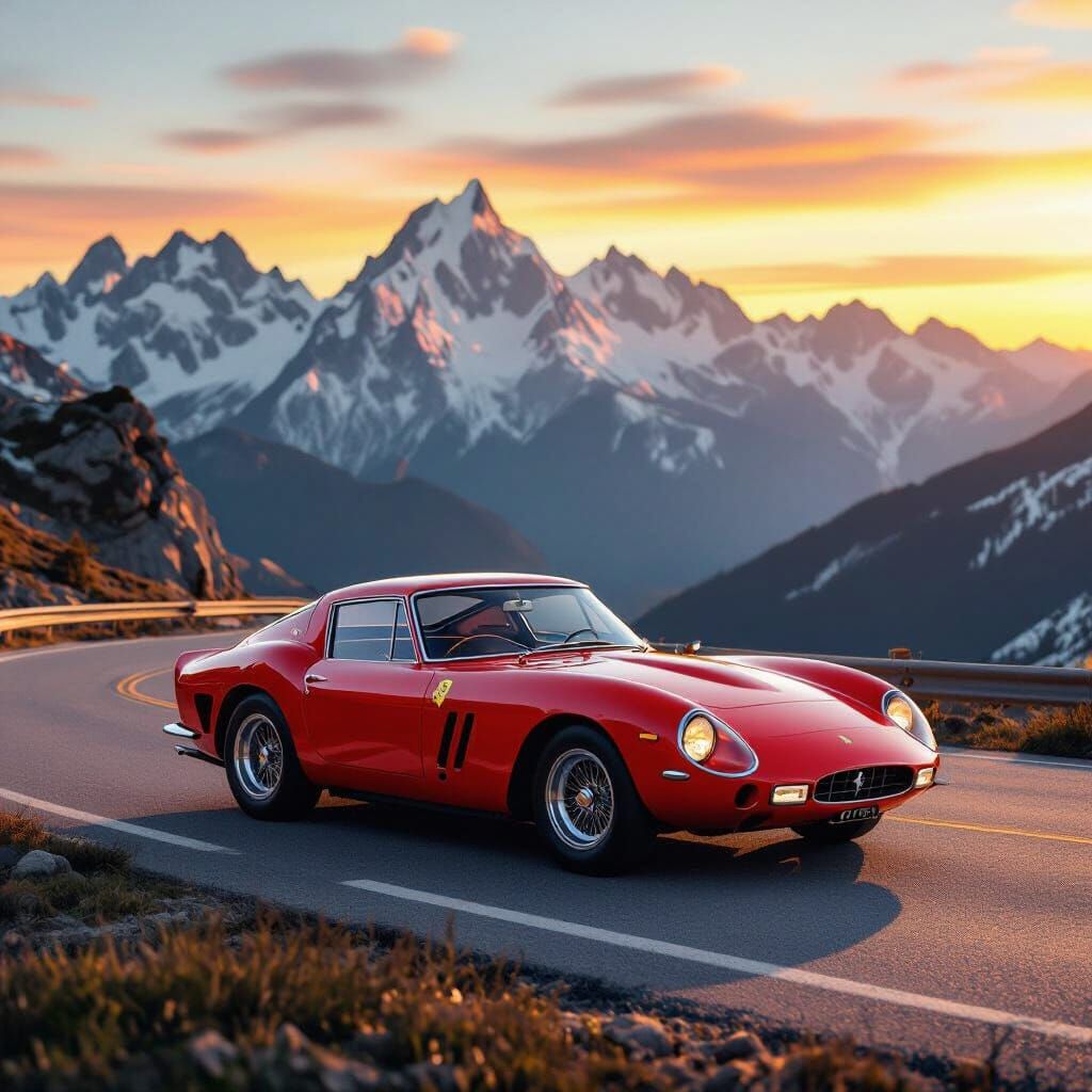 Vintage Red Ferrari on Scenic Mountain Road at Sunset
