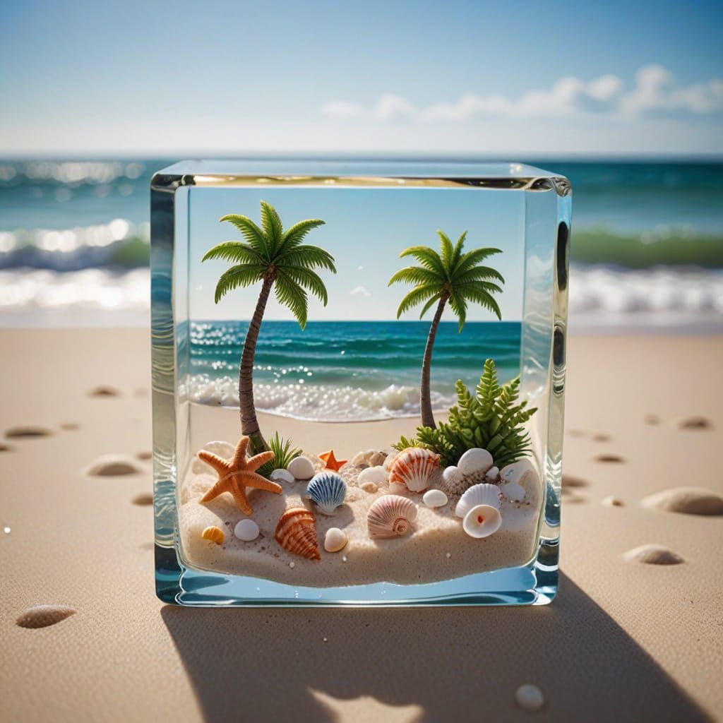 Vibrant Beach Scene in Crystal Clear Glass Cube