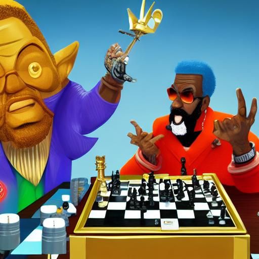Mr. T and Bob Dylan Play Chess: 3D Digital Art