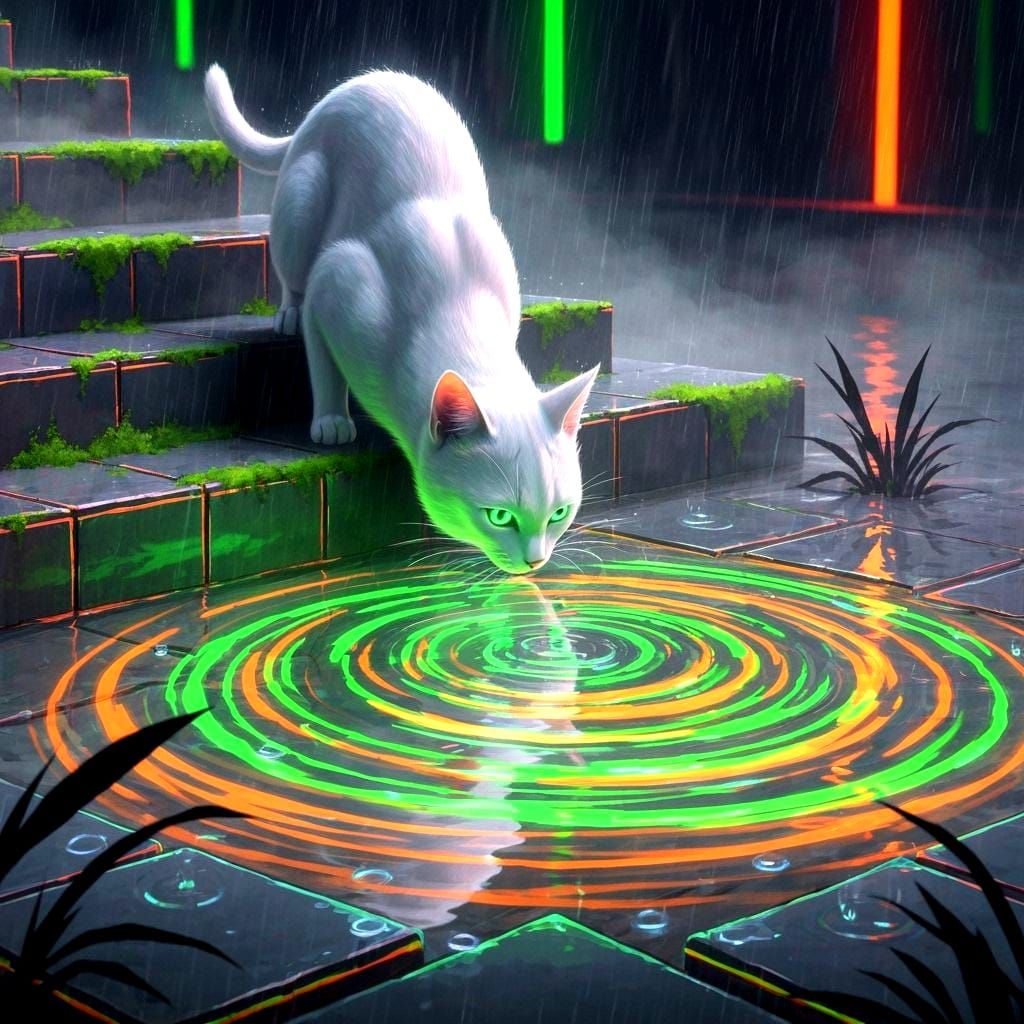 Neon Cat Drinks from Swirling Pool in Fantasy Realism