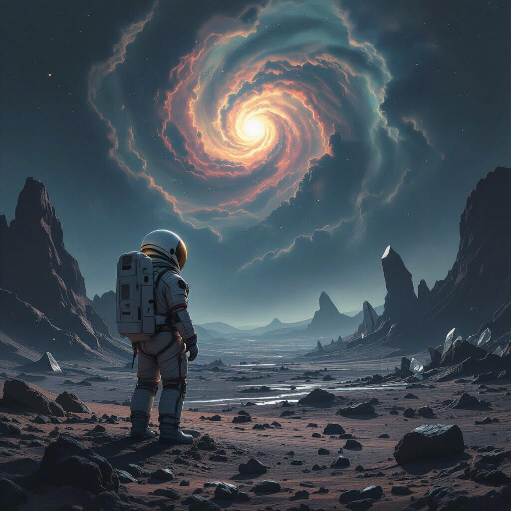 Astronaut Contemplates Nebula on Alien Planet