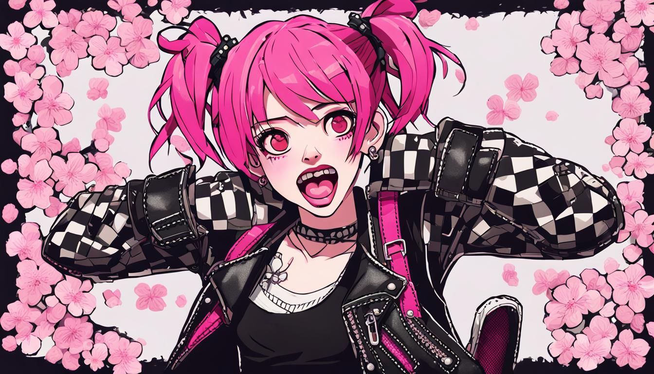 Punk Girl with Cherry Blossoms: Anime Art