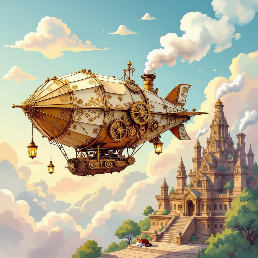 Steampunk Paper Airship Sails Over Watercolor Clouds
