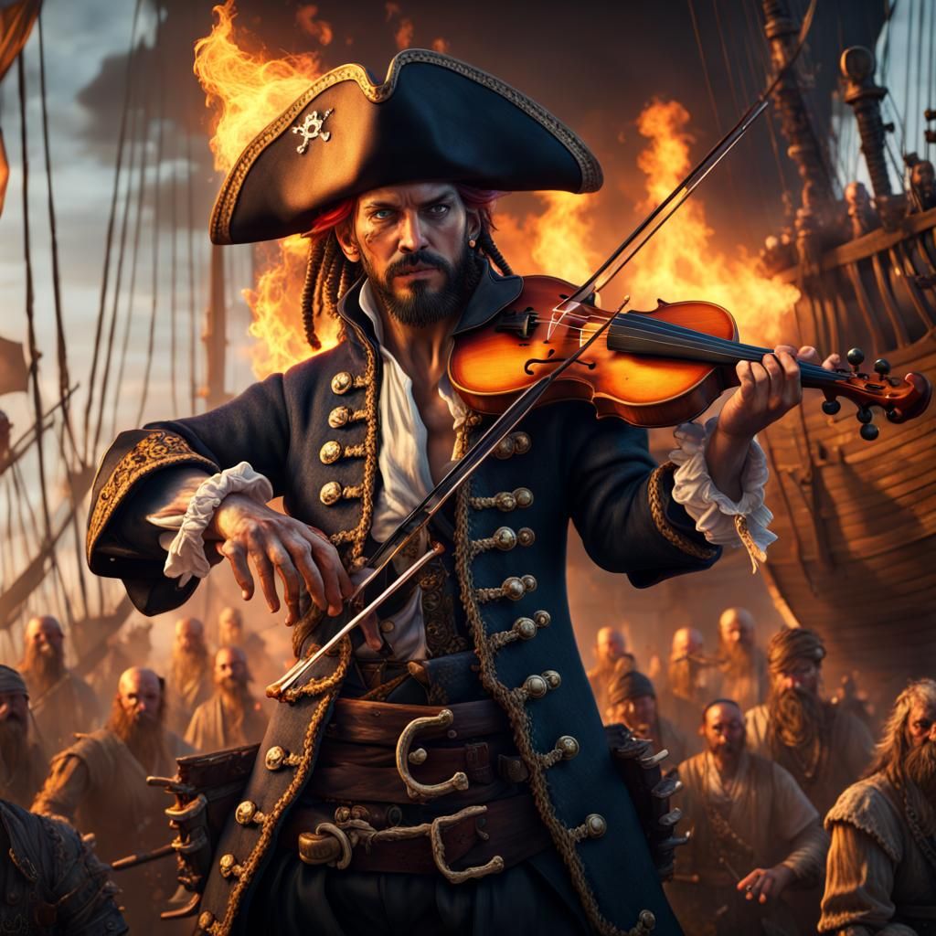 Pirate Plays Fiery Violin on Ship: Detailed Matte Painting